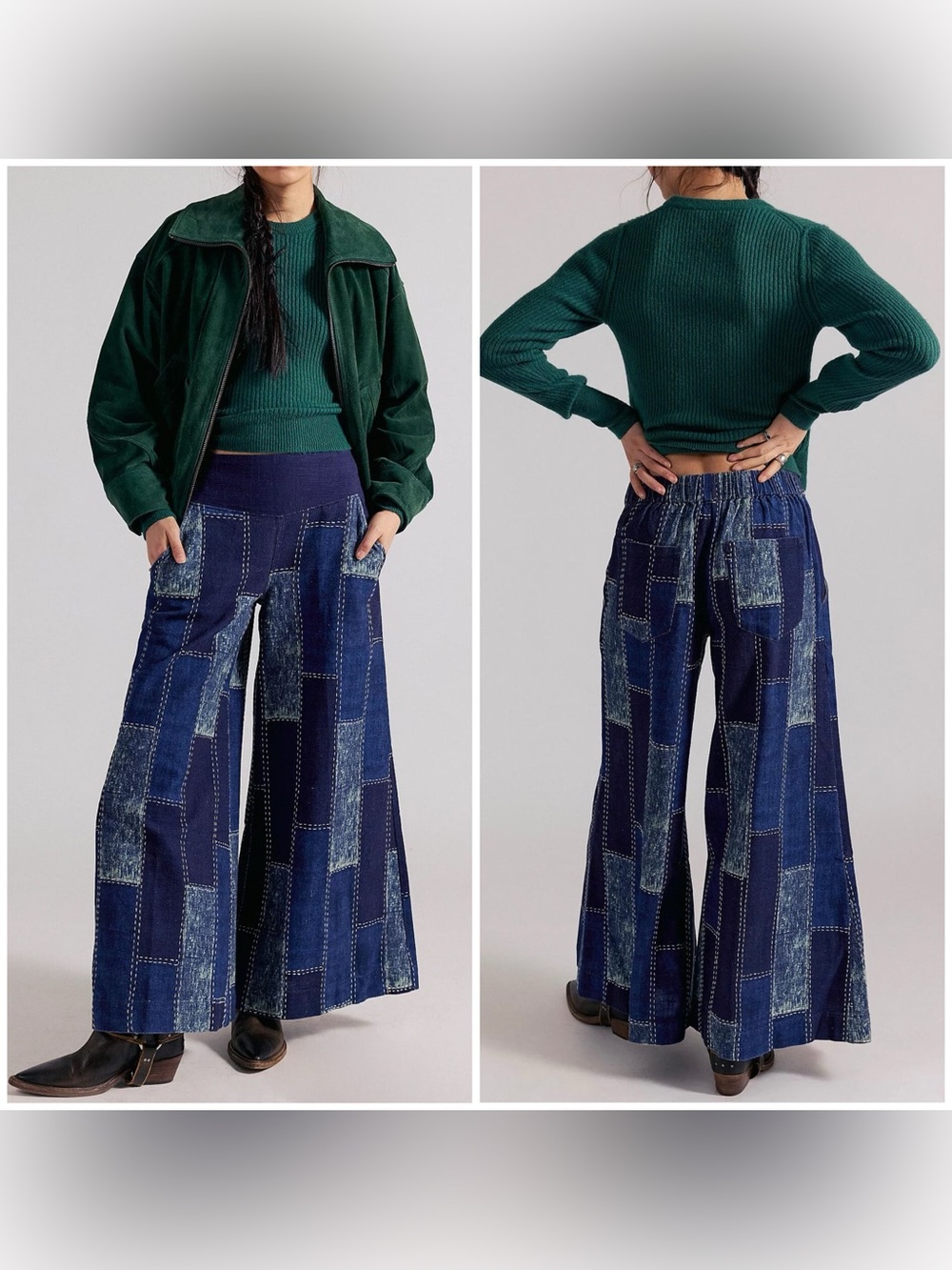NWT Free People We The Free Patches Wide-Leg Flare Jeans - indigo patchwork - S